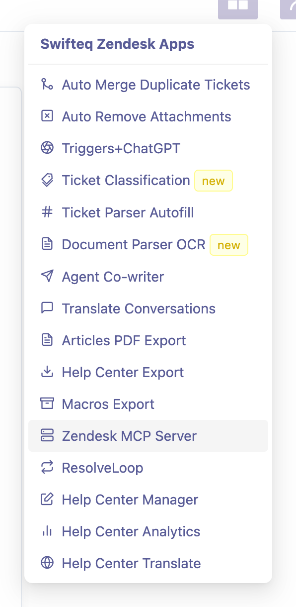 Swifteq Zendesk Apps menu with Zendesk MCP Server selected