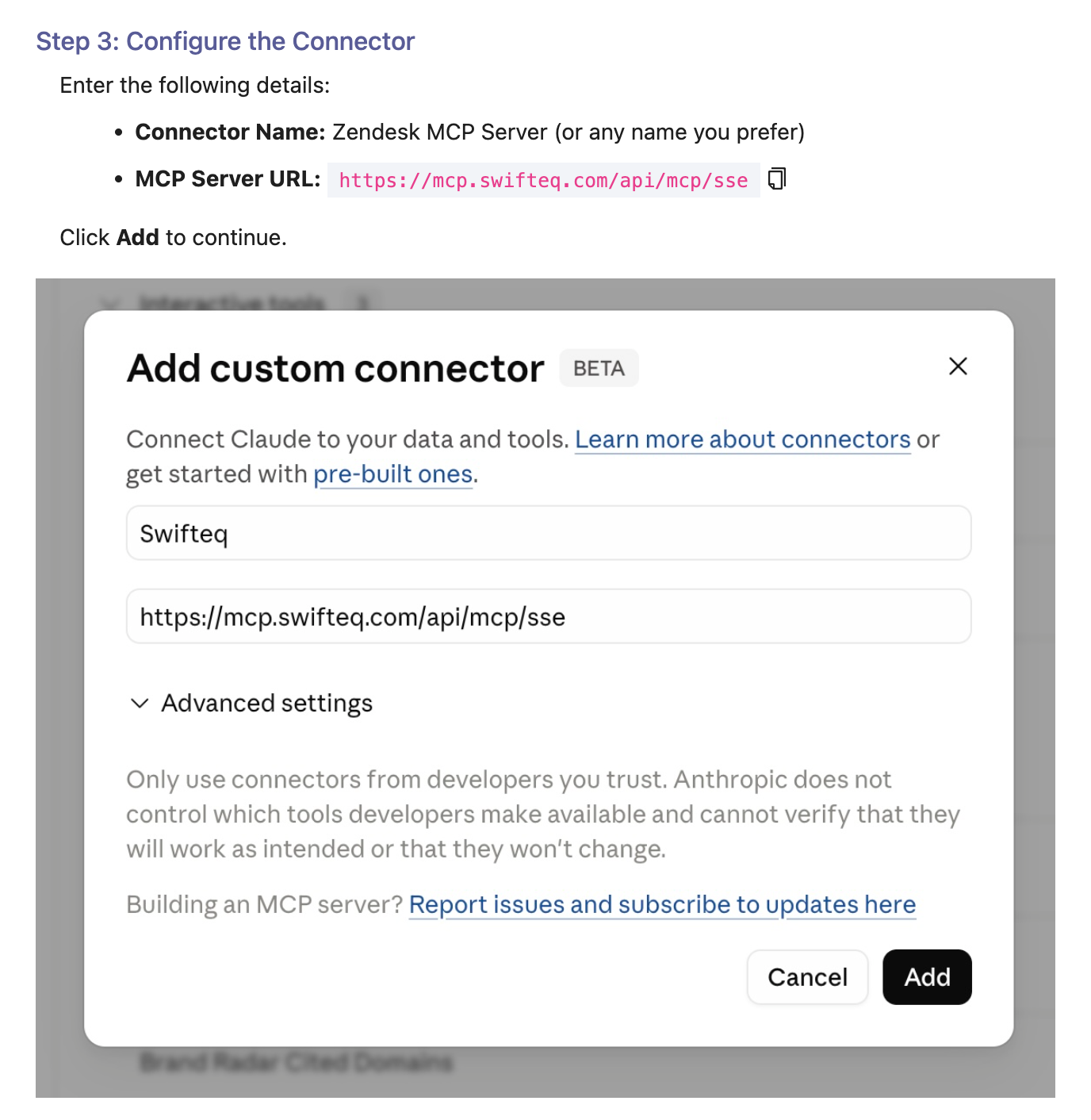 Claude setup step 3: Add custom connector with the MCP Server URL