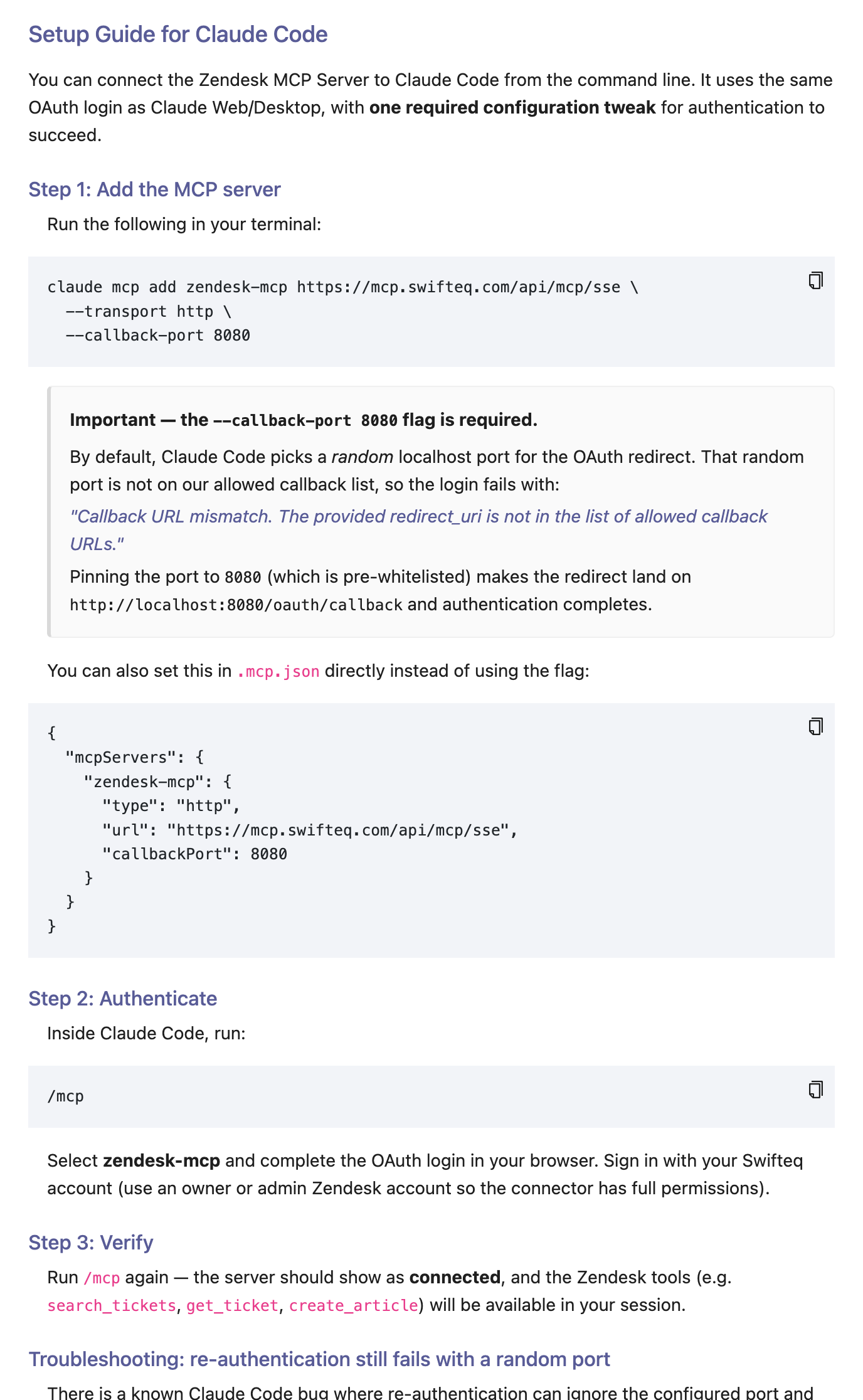 Setup guide for Claude Code with the claude mcp add command and callback port 8080