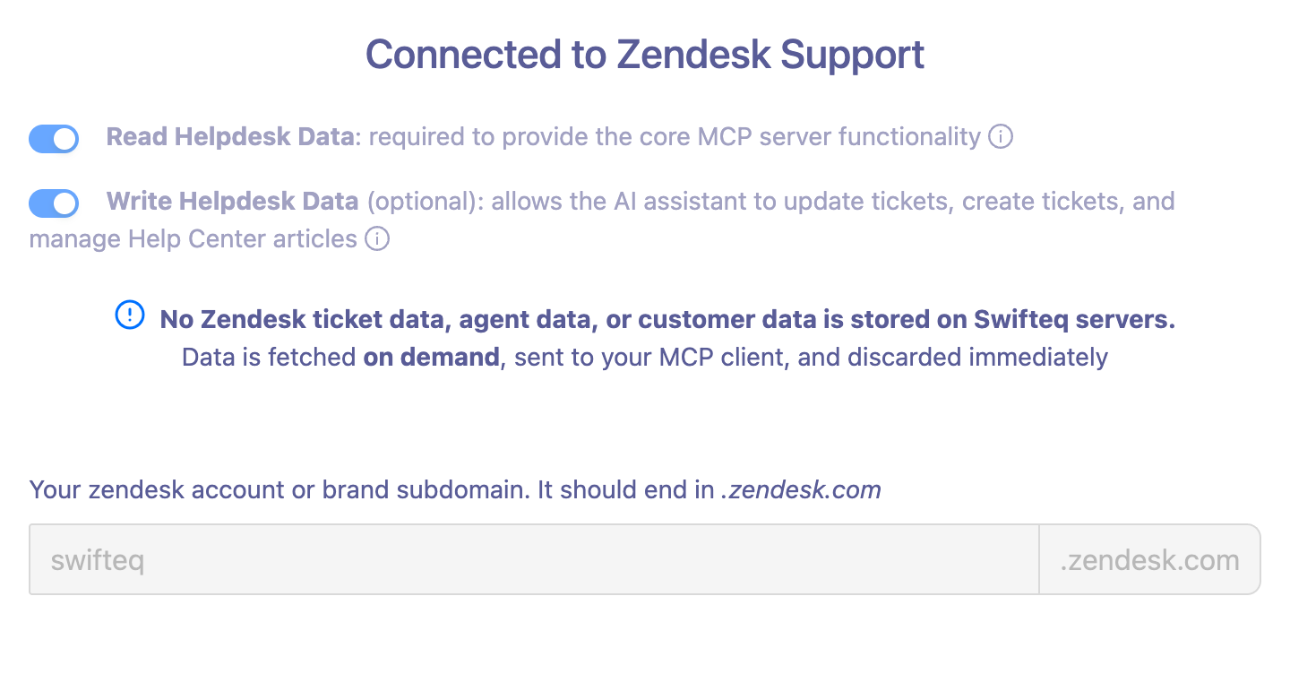 Connected to Zendesk Support page showing the Read Helpdesk Data and Write Helpdesk Data permissions