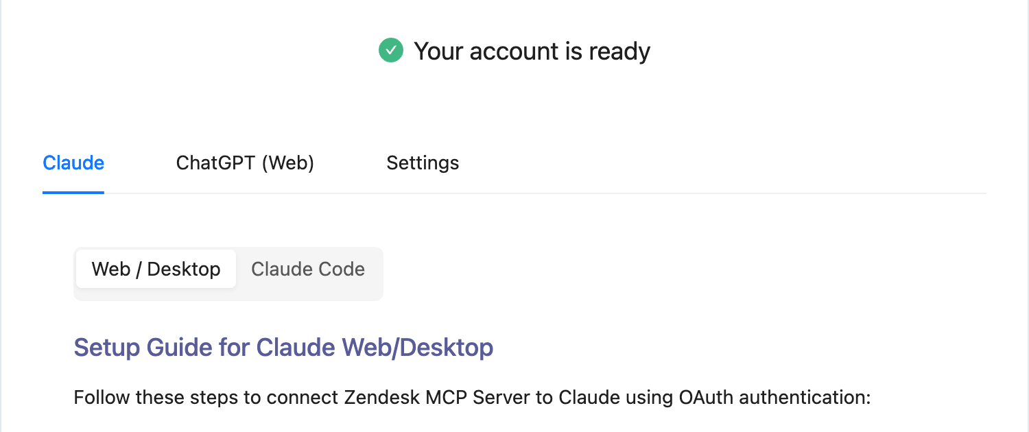 Zendesk MCP Server home page with the Claude, ChatGPT (Web) and Settings tabs