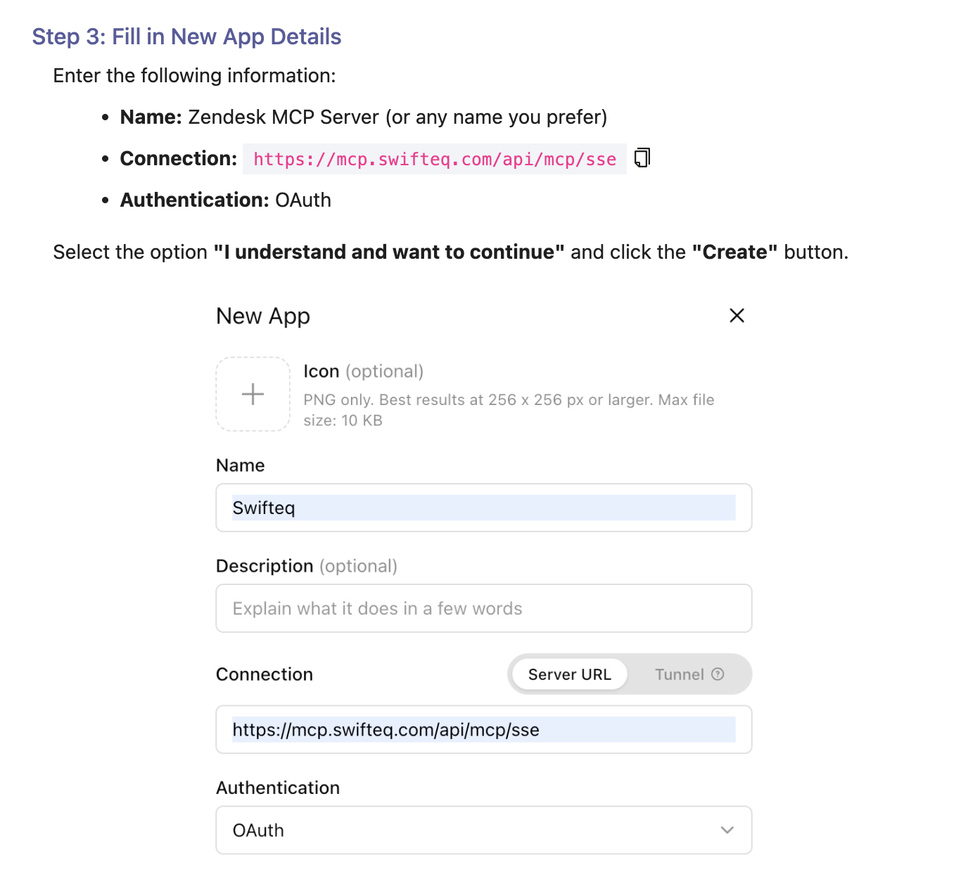 ChatGPT setup step 3: new app details with the MCP Server URL and OAuth authentication