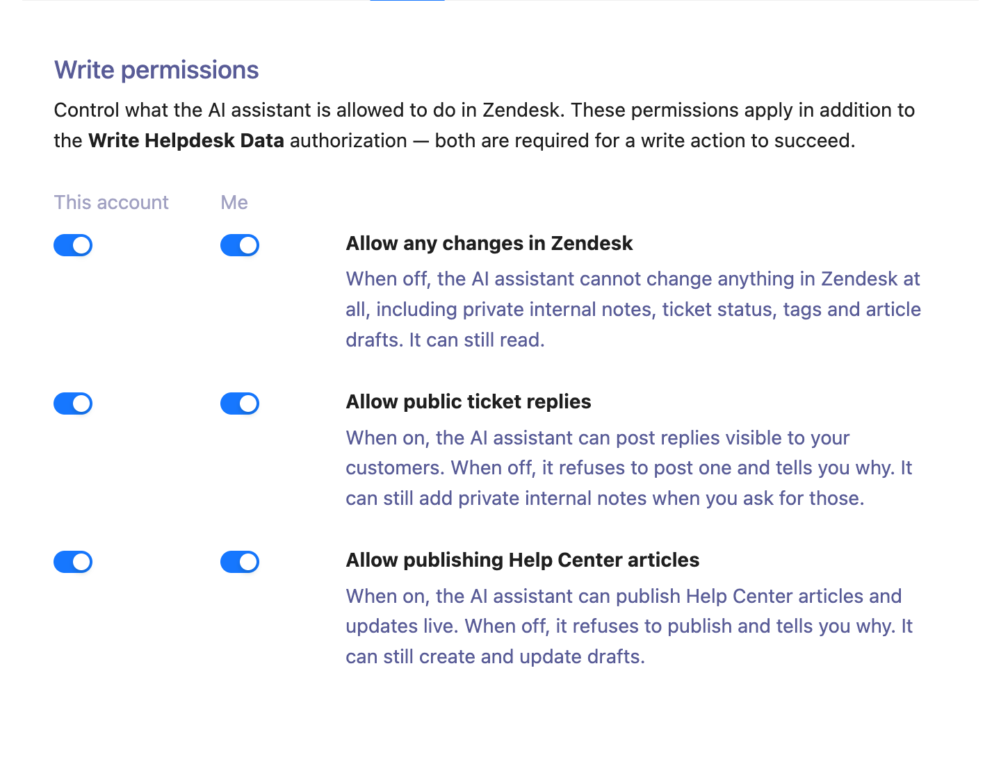 Write permissions in the Settings tab with This account and Me switches