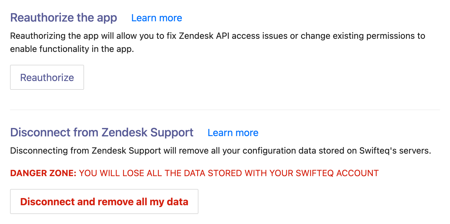 Reauthorize the app and Disconnect from Zendesk Support options