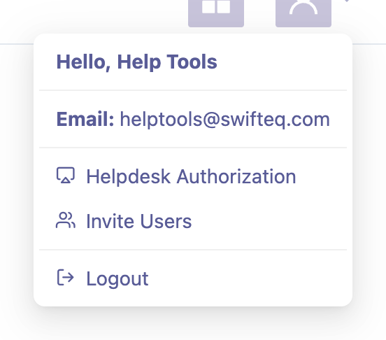 Profile menu with Helpdesk Authorization and Invite Users options