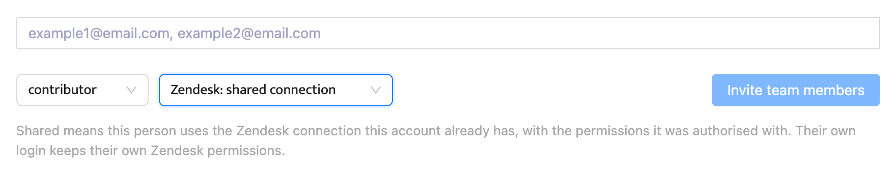 Invite form with Zendesk shared connection selected and its explanation