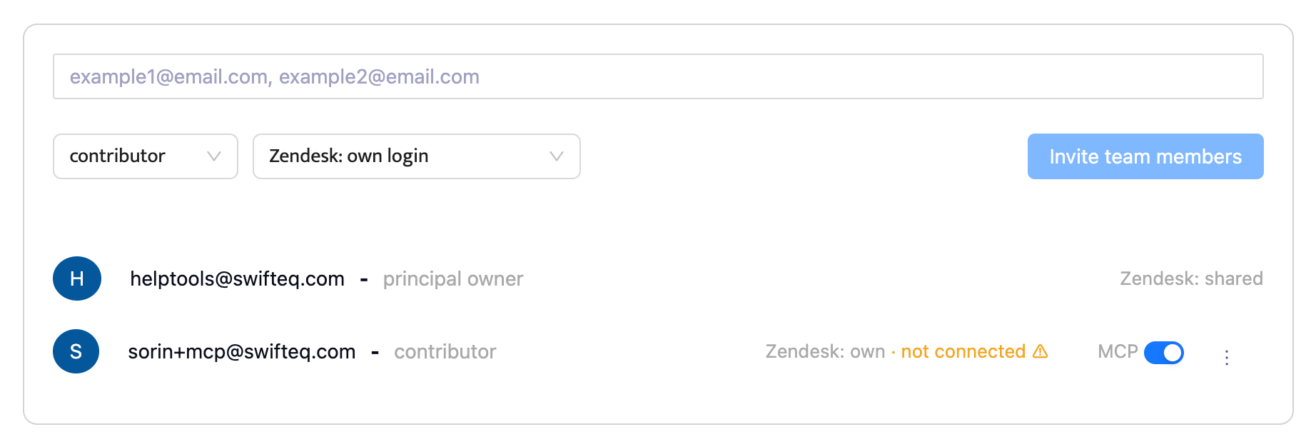 Users page with the invite form and the list of users with their Zendesk connection and MCP access
