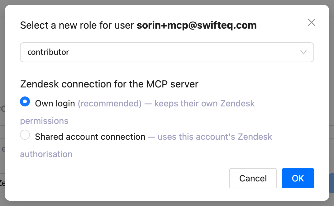 Edit user dialog with role and Zendesk connection for the MCP server