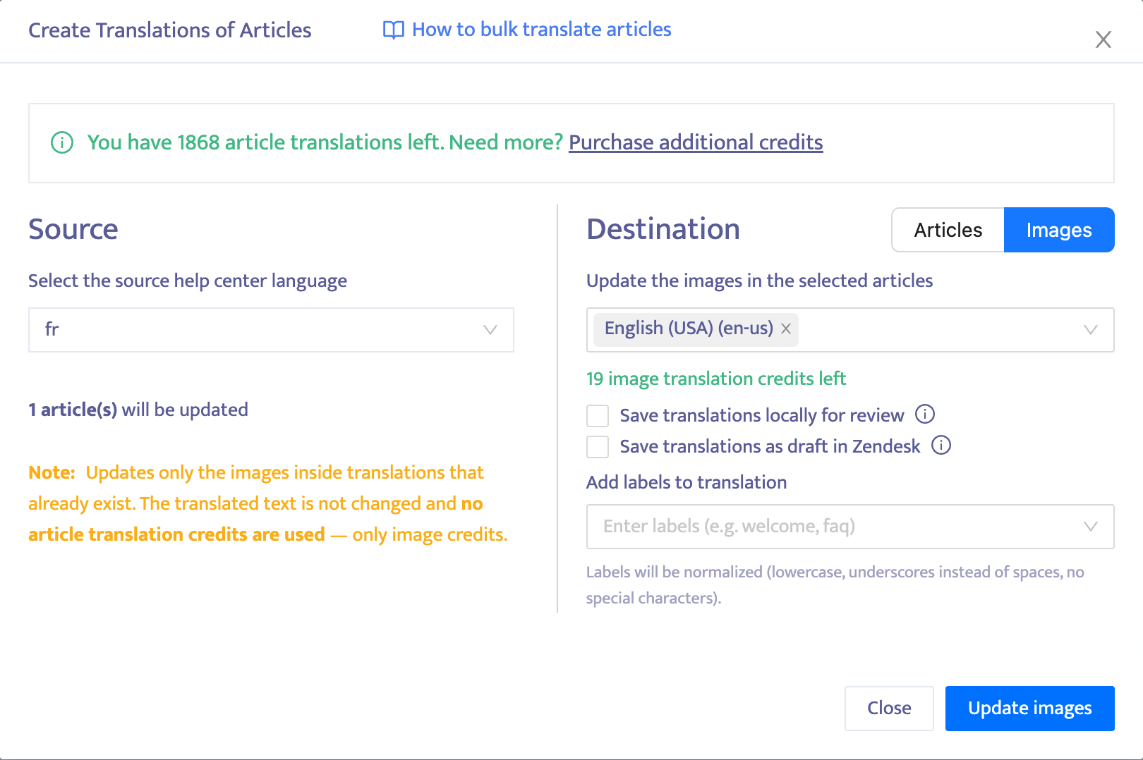 Translate dialog with Destination set to Images