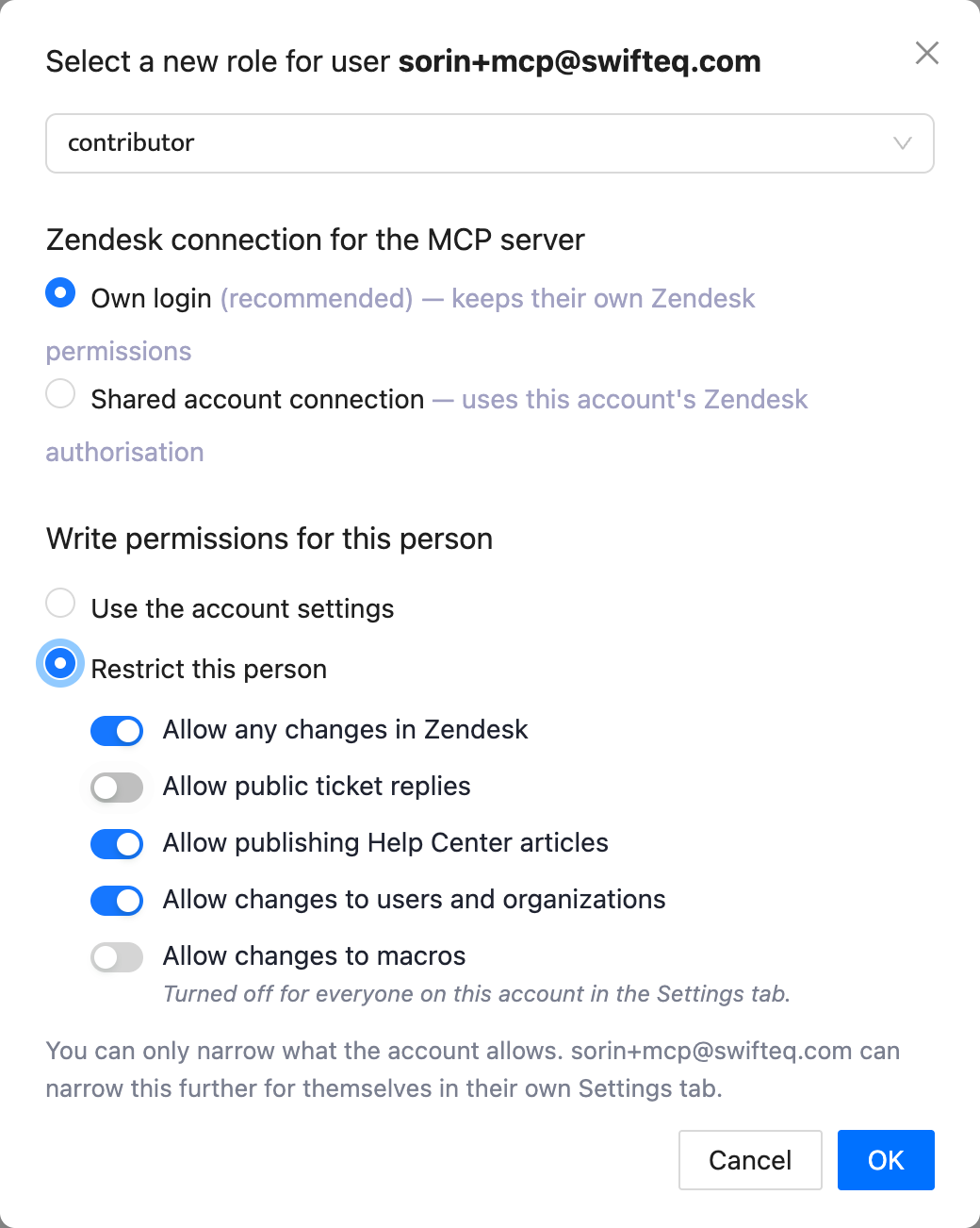 Edit user dialog with role, Zendesk connection and write permissions for this person